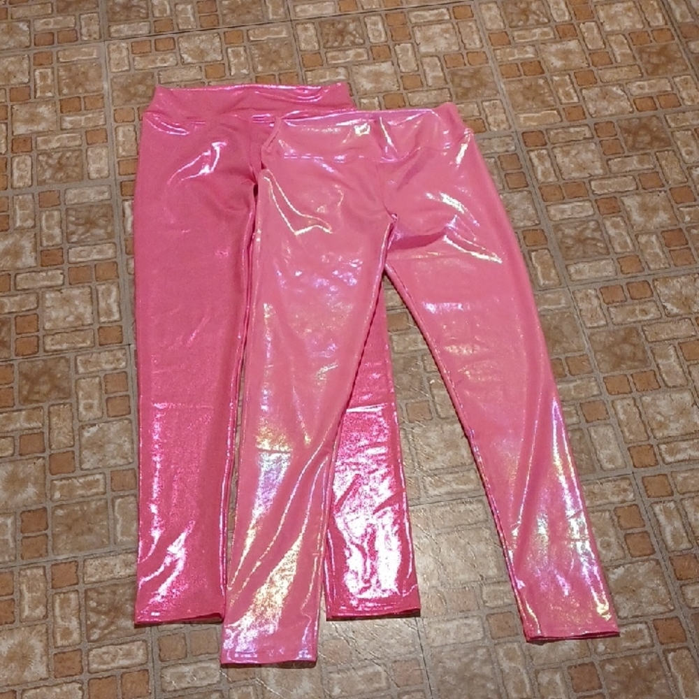 Shiny Pink Kids Leggings Child's Size Large 2 Pair